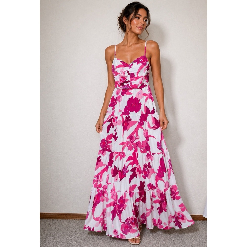 Petal + Pup Monica Floral Fit & Flared Tiered Maxi Dress Womens M Pink Garden